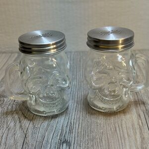 GLASS SKULL Shaped Salt & Pepper Shakers With Aluminum & Handles LIDS SET OF 2